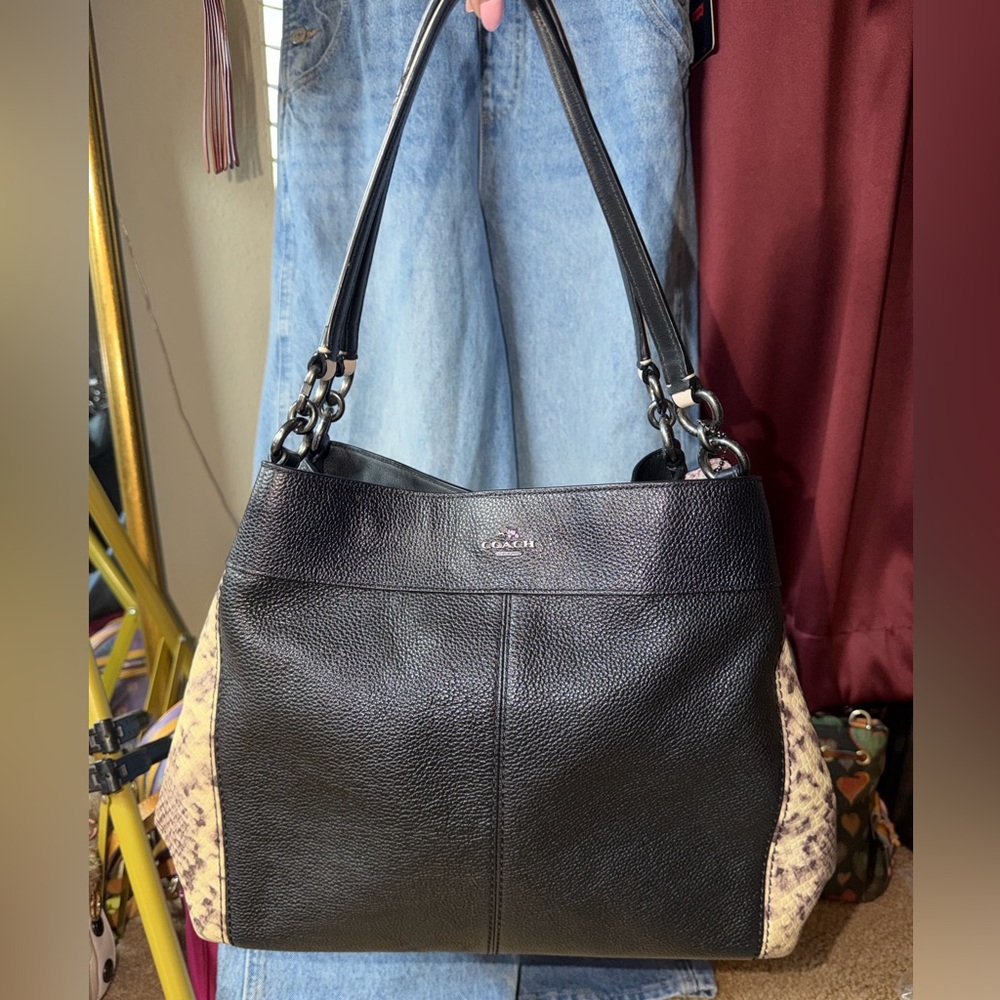 Coach Black Pebbled Leather Snake Trim Tote F57505 Shoulder Bag Python Accent 🖤🐍 - Picture 4 of 17